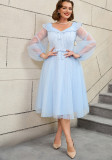 High-Waist Plus Size Women's Contrast Color Woven Striped Bubble Long-Sleeve A-Line Dress
