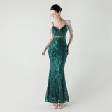 Women beaded cross Lace-Up v-neck fishtail Formal Party evening dress