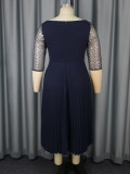 Mesh Patchwork Sequins Round-Neck Pleated A-Line Dress