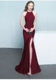 Plain Solid Halter Slit Mermaid Evening Dress