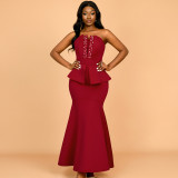 Strapless Beaded Fishtail Ruffled Slim Long Evening Dress