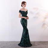 Off-Shoulder Slim Fit Sequin Fishtail Long Formal Party Evening Dress