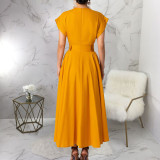 vt-Neck Short-Sleeve Slim-Waist Swing Long Dress