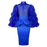 Turned-Down Collar See-Through Puff-Sleeve Ruffle-Waist Slim Party Skirt Suit