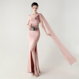 Women Tulle Shawl Beaded Tube Embroidery One Shoulder Evening Dress​