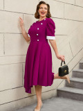 Plus Size Contrast Color Round-Neck Short-Sleeve Elegant Party Cocktail A-Line Dress