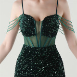 Women herringbone Lace-Up wrapped chest formal Formal Party sequined evening dress