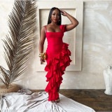 Summer Women's Solid Color Sexy Irregular Ruffle Straps Dress