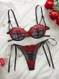 Women lace flower embroidery Lace-Up bra Sexy Lingerie Set