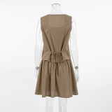 Summer Fashion Cotton Khaki Women's Sleeveless Vest Top Short-Skirt Two-Piece Set