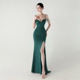 Women lace mesh herringbone Lace-Up beaded Formal Party evening dress