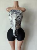 Fashionable Women's Print Sexy Strapless Two Piece Shorts Set