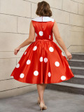 Plus Size Wedding Satin Turned-Down Collar Sleeveless Polka Dot Party A-Line Dress