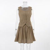 Summer Fashion Cotton Khaki Women's Sleeveless Vest Top Short-Skirt Two-Piece Set