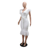Women Sexy V-Neck Solid Bodycon Pleated Dress