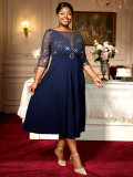 Mesh Patchwork Sequins Round-Neck Pleated A-Line Dress