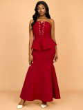 Strapless Beaded Fishtail Ruffled Slim Long Evening Dress
