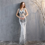 Sequin Slim Deep V Flower Women's Party Evening Dress