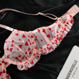 Women Sexy Lace See-Through Heart-shaped flocking Sexy Lingerie Two Piece Set