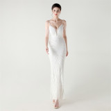 Women off-shoulder beaded sling V Neck Formal Party evening dress