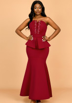 Strapless Beaded Fishtail Ruffled Slim Long Evening Dress