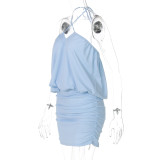 Women's Summer Off-Shoulder Halter-Neck Top Pleated Bodycon Skirt Two-Piece Set