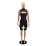 Women's Summer Solid Color Sexy Hollow Short-Sleeve Jumpsuit