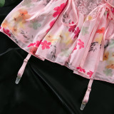 Women Lace Patchwork floral sexy cross Lace-Up body shaper Two Piece Set