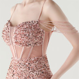 Women herringbone Lace-Up wrapped chest formal Formal Party sequined evening dress