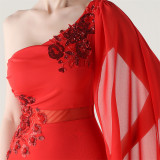 Women Tulle Shawl Beaded Tube Embroidery One Shoulder Evening Dress​