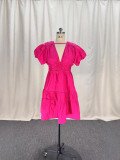 Women Elegant V-Neck Puff Sleeve Pleated Mini Dress