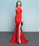 Plain Solid Halter Slit Mermaid Evening Dress