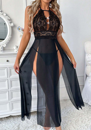 Erotic Transparent lingerie Sexy see through Halter Strap Sllit Night Dress