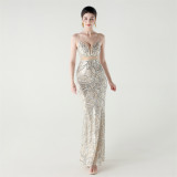 Women See-Through Mesh back cross Lace-Up fishtail sequined evening dress