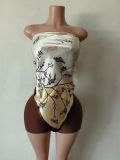 Fashionable Women's Print Sexy Strapless Two Piece Shorts Set