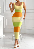 Spring Summer Multi-Color Striped Contrast Sleeveless Low-Back Lace-Up Slim Holidays Beach Knitting Dress