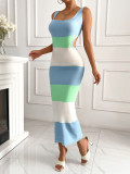 Spring Summer Multi-Color Striped Contrast Sleeveless Low-Back Lace-Up Slim Holidays Beach Knitting Dress