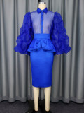 Turned-Down Collar See-Through Puff-Sleeve Ruffle-Waist Slim Party Skirt Suit