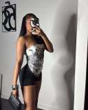 Fashionable Women's Print Sexy Strapless Two Piece Shorts Set