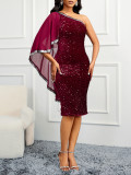 Sexy One-Shoulder Long-Sleeve Diamond-Decorated Pleated Open-Waist Elegant Party Evening Dress