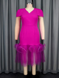 Fashion V-Neck Puff-Sleeve Mesh Patchwork Fashion Fishtail Party Dress