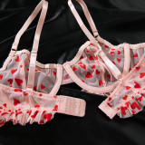 Women Sexy Lace See-Through Heart-shaped flocking Sexy Lingerie Two Piece Set