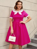 Plus Size Contrast Color Polka Dot Rose A-Line Career Dress