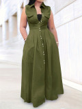 Women's Casual Fashion Solid Color Turndown-Collar Sleeveless Single-Breasted Maxi Dress