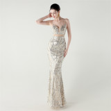 Women tulle Patchwork cross Lace-Up sequined Formal Party evening dress