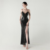 Women Backless Beaded Slit Party Evening Dress