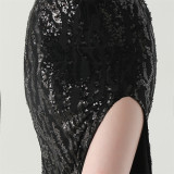 Women Backless Beaded Slit Party Evening Dress
