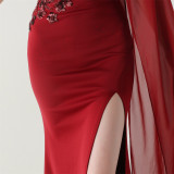 Women Tulle Shawl Beaded Tube Embroidery One Shoulder Evening Dress​