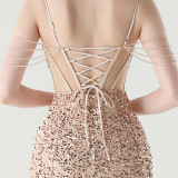 Women herringbone Lace-Up wrapped chest formal Formal Party sequined evening dress
