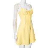 Women Lace Gathered Suspender Lace-Up Dress